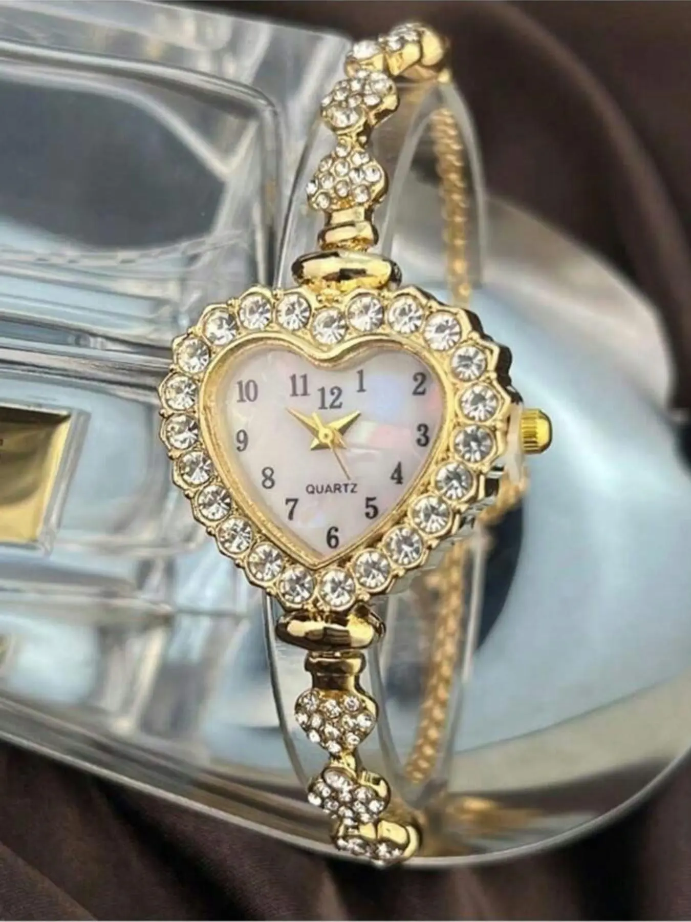 3/$25 Round Dial Quartz Watch with Rhinestone Heart Decor Bracelet Women main image 4