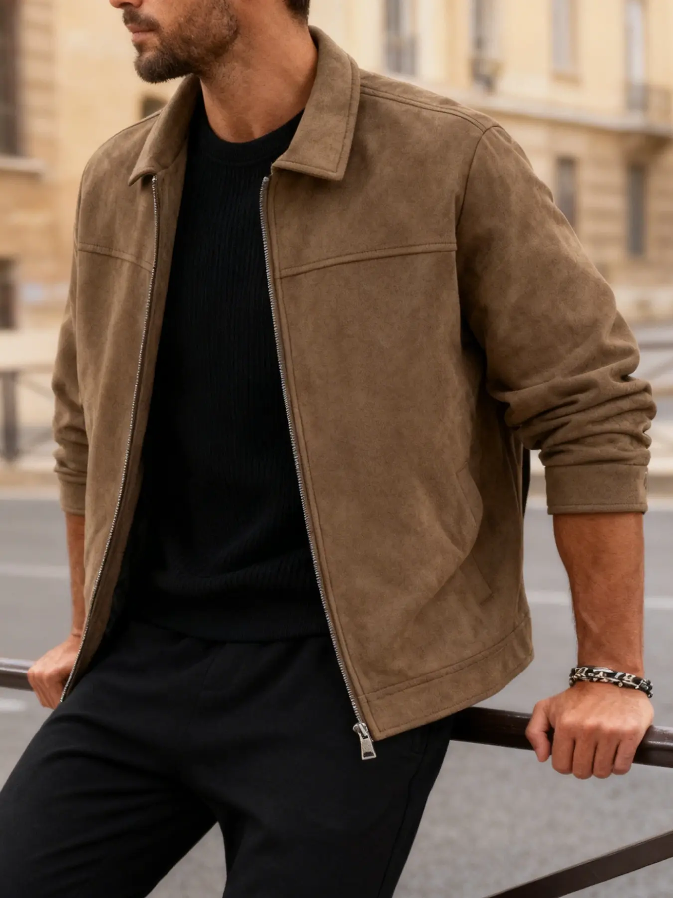 Men's Casual Fitted Long Jacket, Zipper Closure, Imitation Suede Fabric, Fashion Simple Elegant Style, Easy Care, Spring & Fall