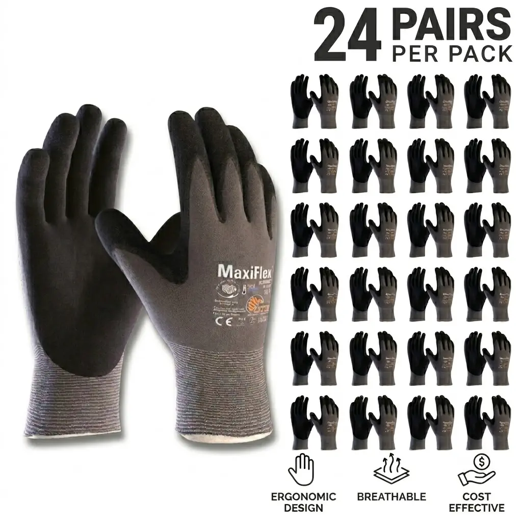 24 Pairs MaxiFlex Ultimate Nitrile Coated Work Gloves – Breathable Foam Grip Safety Gloves for Construction, Warehouse, Gardening & General Work