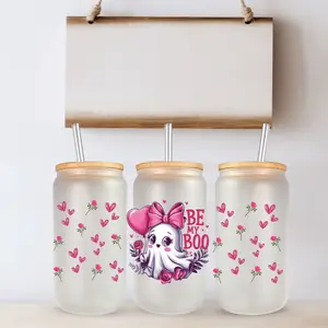 Be My Boo Ghost 16oz Libbey Frosted or Clear Glass jar with bamboo lid and straw