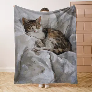 Contemporary Sleeping Cat Print Flannel Blanket - Soft and Comfortable Throw for Bed, Sofa, Office, Gift, Camping, and Travel - Machine Washable, All-Season Lightweight Polyester Blanket-280GSM