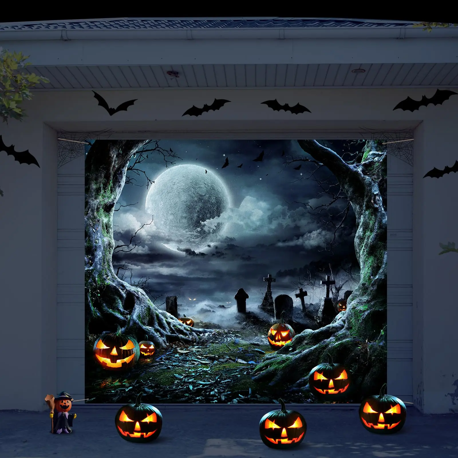7x8/7x16 FT Decorative Hangable Halloween Garage Door Cover, Giant Haunted House Scene Banner Backdrop, Spooky Ghost Witch Cauldron Holiday Outdoor Decor for 2-Car Garage & Front Yd, Instant Halloween Transformation Party Home Decor halloween decor 2026