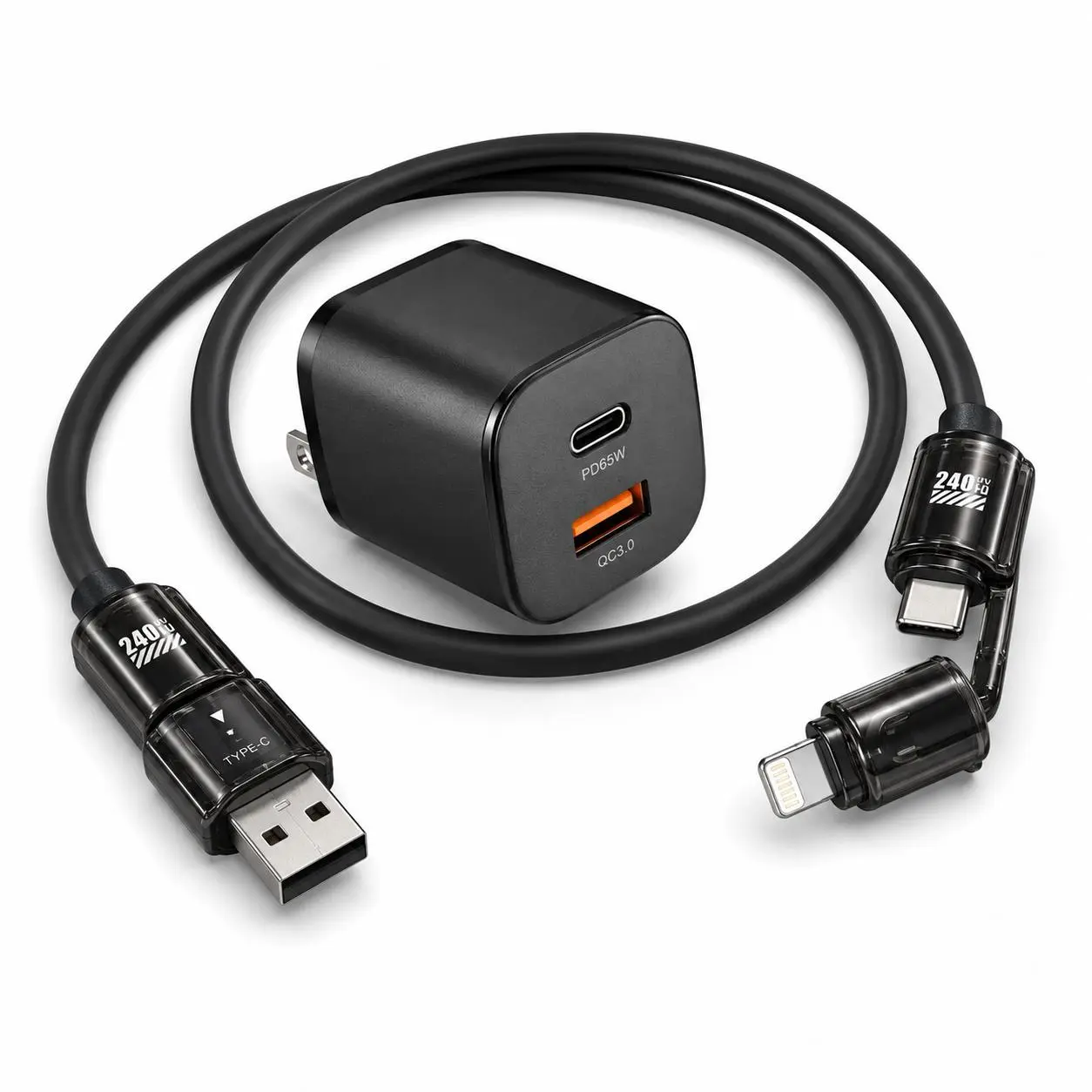 65W Fast Charging 4-in-1 Type-C Connector Cable - Liquid Silicone & Aluminum Alloy Braided Data Cable for Smartphone, Android Devices, Adapter - Black & Gray Back to School Mobile Phone Accessory