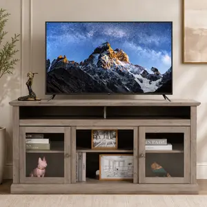 Vintage Gray Wood wide dresser TV Stand with Glass Doors Rustic Media Console Storage Cabinet for Living Room