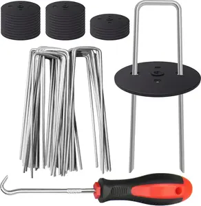 25 count Garden Stakes Staples + 25 count Gaskets,  6 Inch Lawn Staples 11 Gauge Galvanized U Shaped Landscape Pins Turf Nails Heavy Duty Yard Ground Pins for Weed Barrier Sod Fabric Decorations