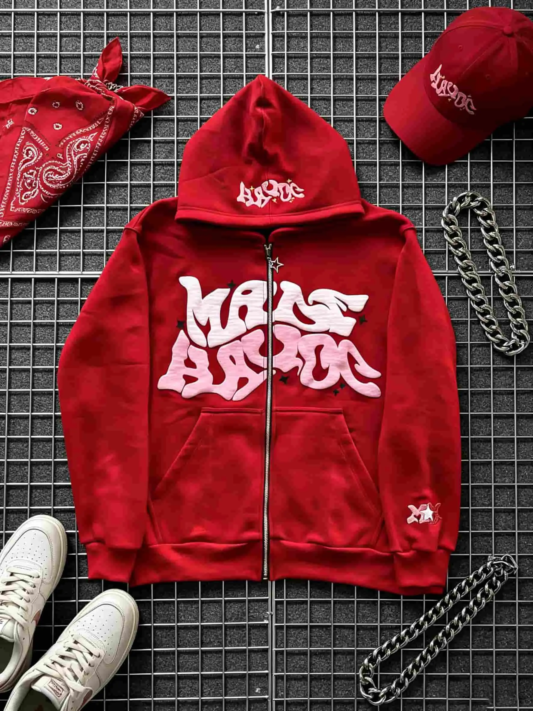Menswear Y2K Retro Star Letter Print Full-Zip Hoodie, Unisex Long-Sleeve Hooded Sweatshirt with Zipper Pockets & Patches, Loose Street Hip-Hop Style Gothic Preppy Casual Coat for Spring & Autumn