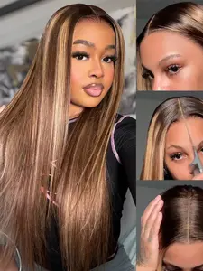 Highlight Gradient Color 5x5 Straight Lace Front Real Hair Wig, 150% Density Honey Gold, No Glue, Pre-Cut and Styled, Women's Wig