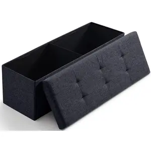 Foldable Tufted Linen Long Bench Storage Ottoman - Black