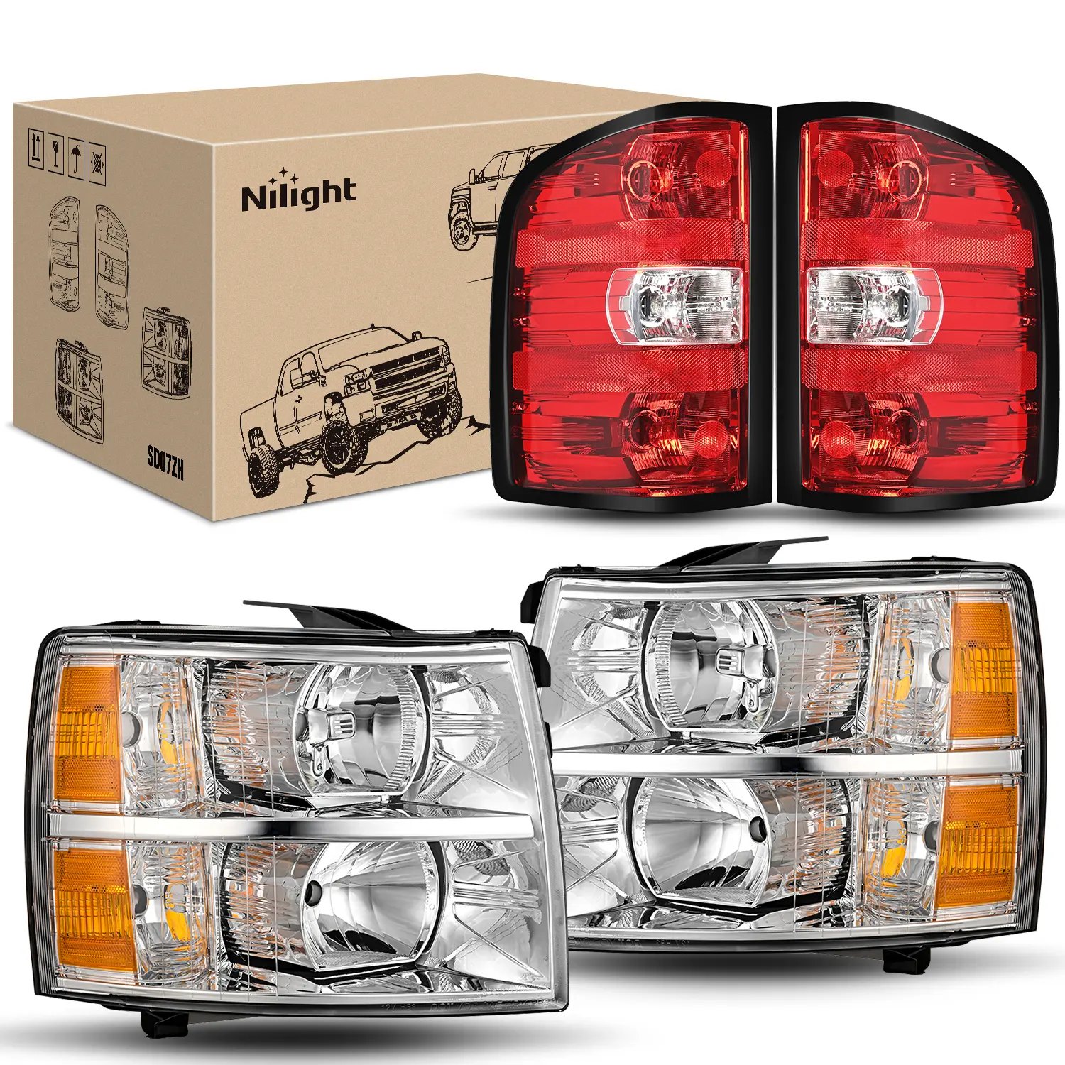 Nilight 1 Pair Headlight & Taillight Assembly, Compatible with 2007-2013 Silverado 1500/2007-2014 Silverado 2500HD/3500HD, Chrome Housing with Amber Reflector, Red Housing Tail Light, PP Material, All Weather Conditions, Fathersday Gift, Temperature, Humi