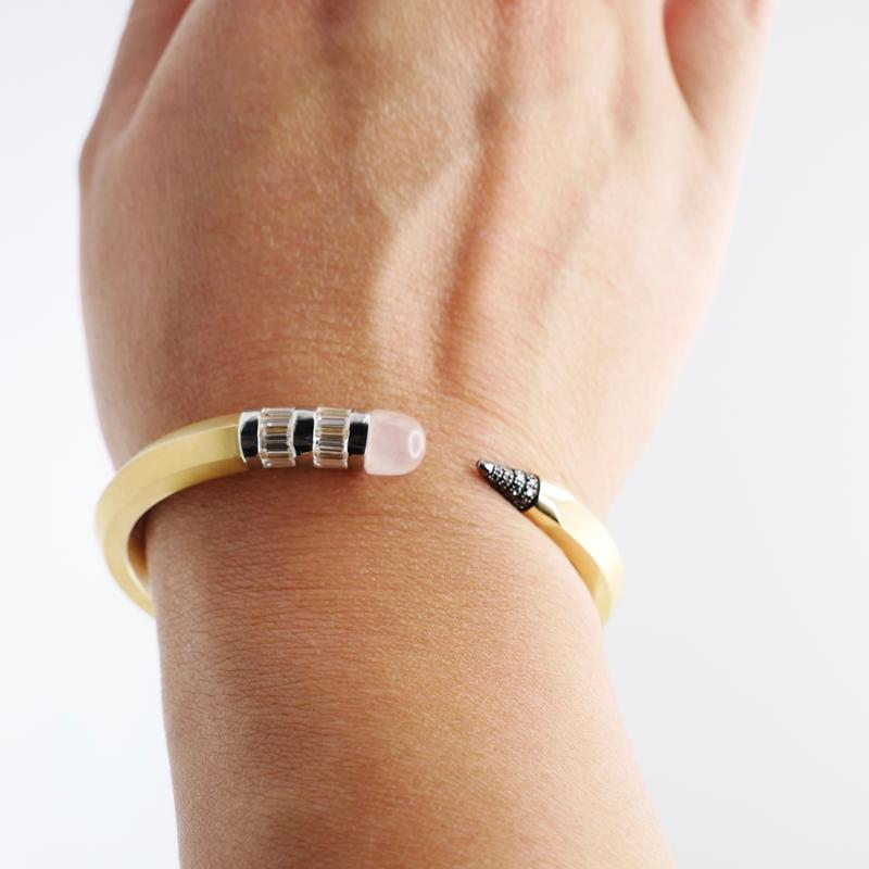 18K Solid Gold Pencil Bracelet Bangle with Moissanite and Pink Nephrite