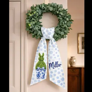 Custom Easter Wreath Sash Personalized Bunny Topiary Door Decor Blue Polka Dot Monogram Sash Chinoiserie Spring Porch Decoration Gift