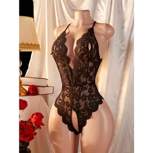 Winsba Lady's Black Lace Lingerie Bodysuit - Jacket-Blazer Style, Backless Adjustable Strapless, Semi-Transparent Floral & Bow-Decorated Thong, Seamless Lightweight Stretchy Breathable, Valentine's Day Bedroom Use, Hand Wash Only Sexy Adult Underwear