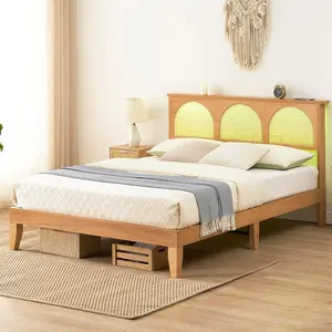 Queen Bed Frame with Natural Rattan Headboard, Platform Bed Frame Rattan Headboard with Led Lights, No Box Spring Needed, Noise Free, Boho Style, Easy Assembly