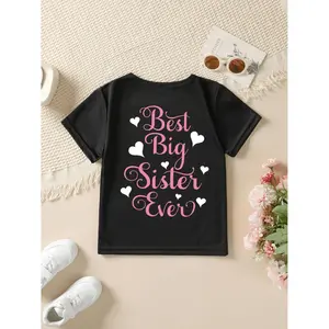 Summer Fashion Girls' Short Sleeve T-Shirt, Best Big Sister Ever Letter Heart Cartoon Pattern Double-Sided Print Casual Versatile Top