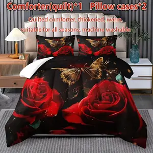 Luxury Rose & Butterfly Bedding Set, Quilted Comforter & Pillowcases, Thickened All-Season Warm Bed Decor