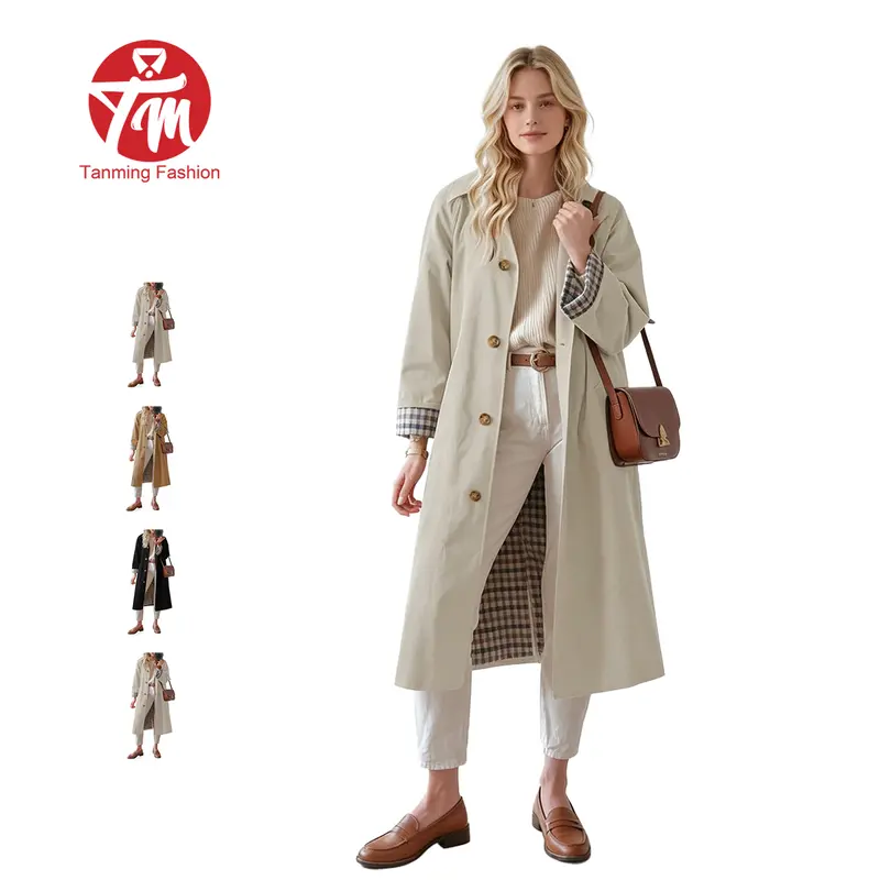 Tanming Womens Classic Plaid Lining Trench Coat - Long Windbreaker with Plaid Lining Lapel Single-Breasted Outerwear Jacket - Spring Fall Autumn Daily Work Office Business Commute Street Travel Outfit