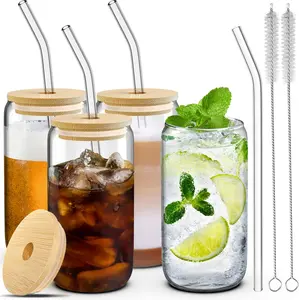 Square Glass Water Cup with Lid and straw 4 Set Glass Cups 16oz Drinking Glasses  with Straw and Lid and 2 Brushes Beverage Bamboo Bottle Drinkware