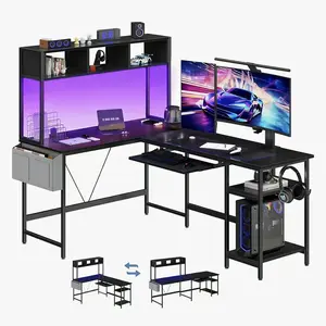 L Shaped Gaming Desk 67 Inch, Reversible Computer Desk with RGB LED Lights, Corner Table with Keyboard Tray and Side Storage Bag, Metal Frame Writing Desk for Home Office Bedroom