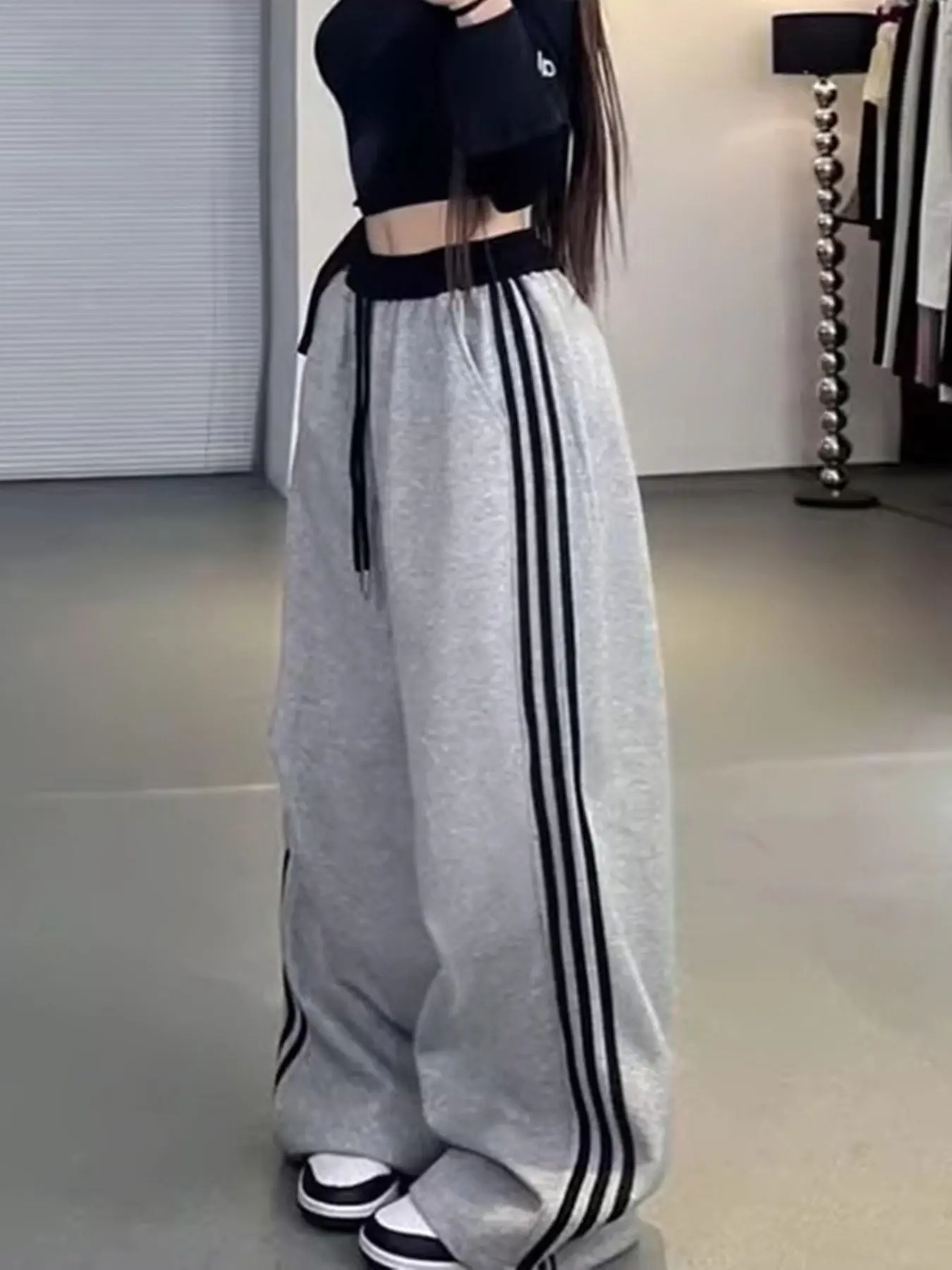 Women's High Street American Casual Pants, Womenswear, Side Patched Drawstring Waist, Low Waist Loose Straight Wide Leg Stripes, Fall & Winter Fashion