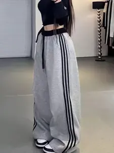 Women's High Street American Casual Pants, Womenswear, Side Patched Drawstring Waist, Low Waist Loose Straight Wide Leg, Fall & Winter Fashion
