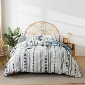 Washed   Size Duvet Cover Set - Tufted Dots Boho Chic Bedding for  Seasons, Striped Pom Pom Bedding Linen Like Textured Breathable Durable Soft Comfy (Blue, 104x90'')