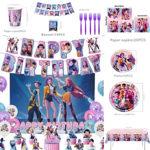 KPOP Girl Birthday Party 63-Piece Disposable Plate Set, Backdrop Banner, Balloons, Cake Top Decorations, Plates, Napkins - Perfect for Fan Surprises
