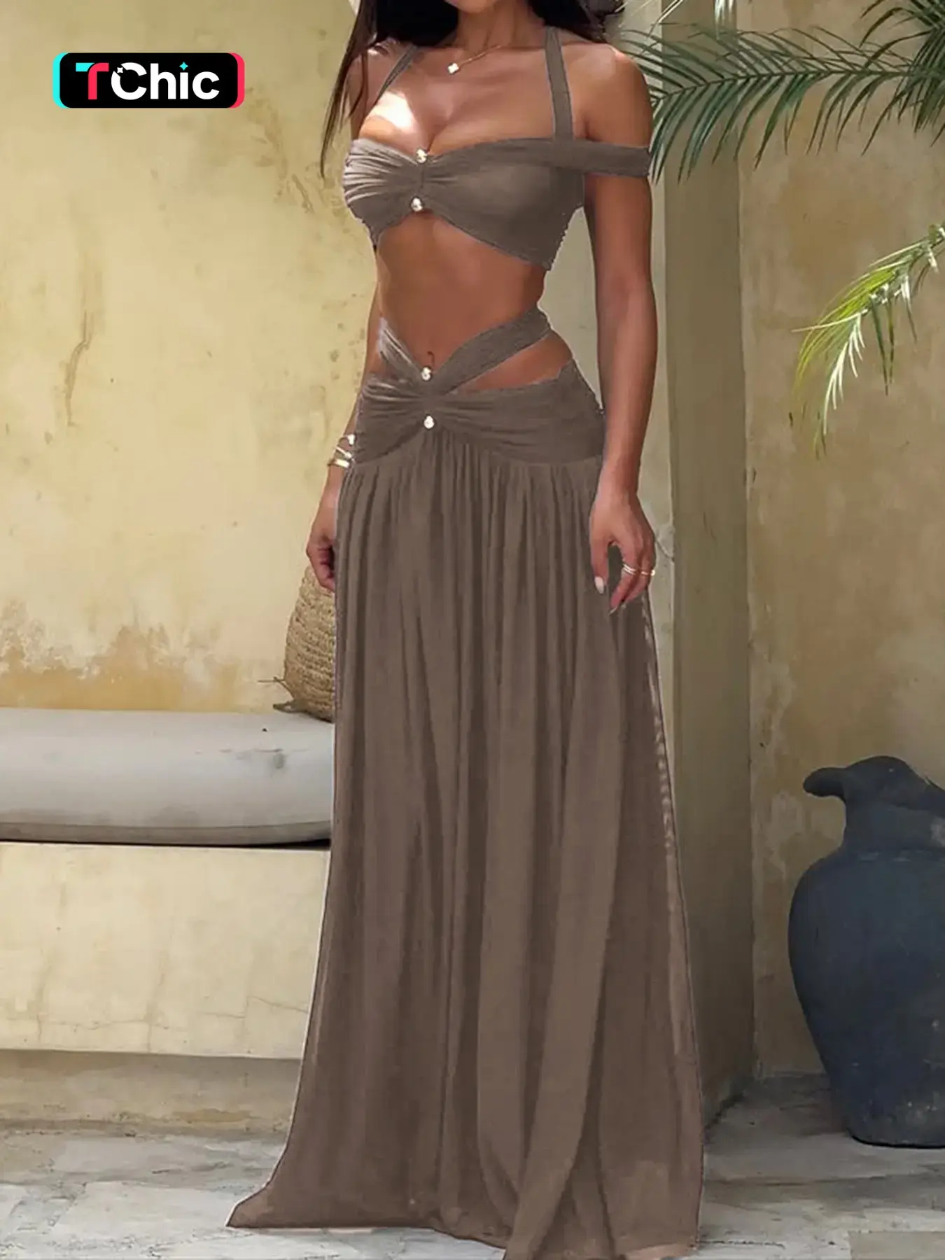 KAYWIDE Two-Piece Fashion Elegant Sexy Halter Sleeveless Hollow Out Slim Fit Crop Top and High Waist Long Skirt Set for Summer