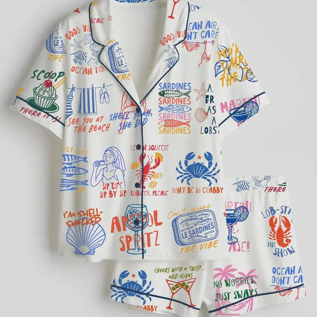 Seafood Pajama Set for Women, Coastal Beach Sleepwear, Sardine Lobster Lounge Shorts Set, Cute Summer Vacation Pajamas