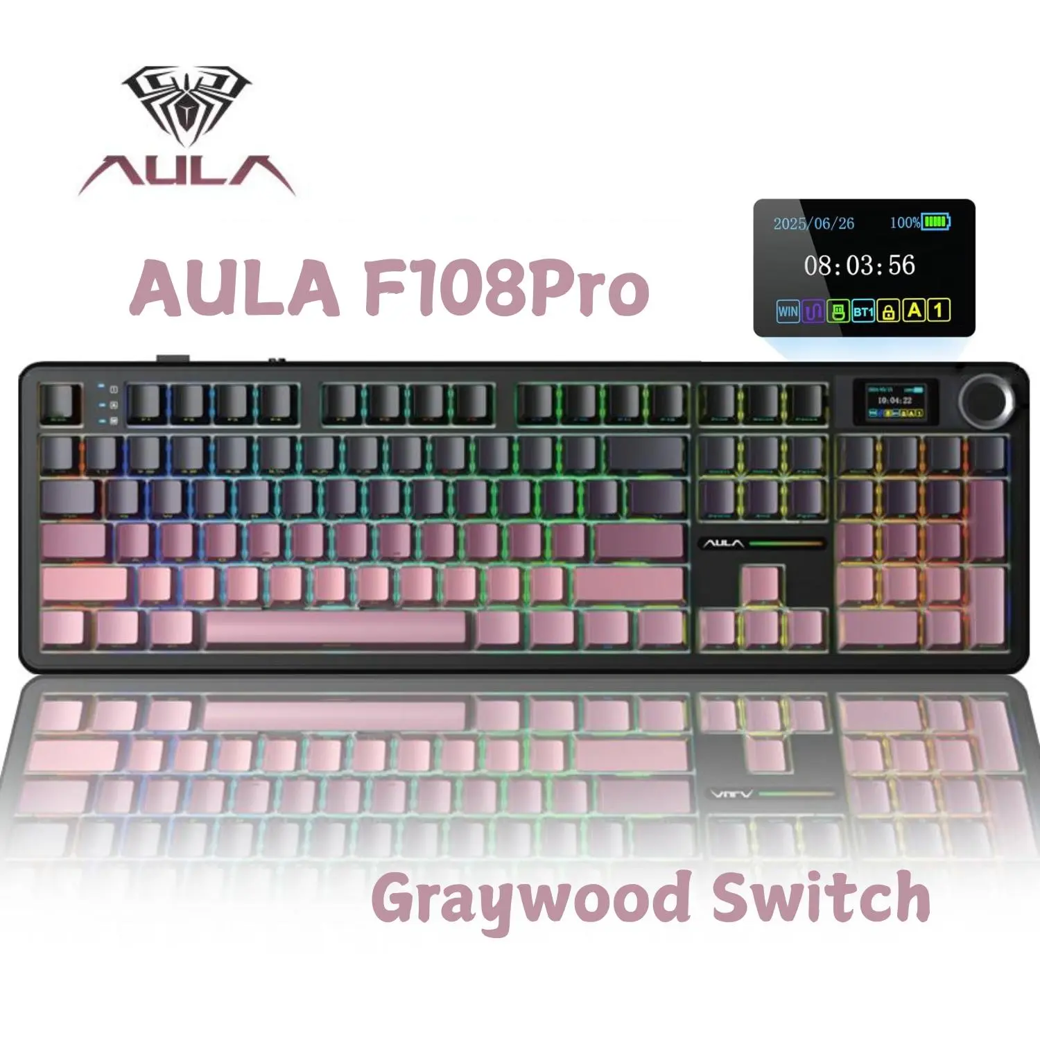 AULA F108 Pro Full Size Wireless Mechanical Gaming Keyboard with Knob Smart Screen Num Pad Tri-Mode RGB Backlit Hot Swappable Customize Keyboard E-Sports Office Computer Accessories Red Graywood Switch FathersDayGift summerwins