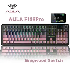 AULA F108 Pro Full Size Wireless Mechanical Gaming Keyboard with Knob Smart Screen Num Pad Tri-Mode RGB Backlit Hot Swappable Customize Keyboard E-Sports Office Computer Accessories Red Graywood Switch