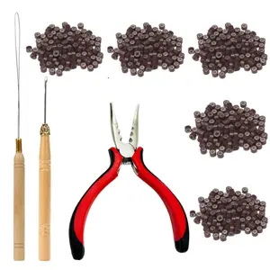 Hair Extensions Tools Kit Professional Hair Styling Tools Accessory 500  Micro Ring Beads 1 Hair Extension Plier 2 Hook Needle Pulling Loop Hair Extensions Bead Device (Brown)