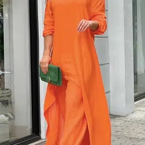 Plus Size Cotton Linen 2 Piece Set for Women Irregularly Hem Wide Leg Pant Outfits Casual Dressy Loose Two Piece Matching Sets