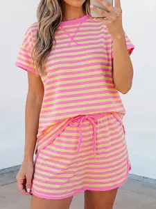 Women’s Striped 2-Piece Set - Casual Drop Shoulder Short Sleeve Tee & Drawstring Skort, Athletic Lounge Wear, Summer Everyday Women’s Clothing Sets, Women 2 Piece Sets