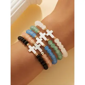Women's Fashion Copper Alloy Beaded Glass Shell Pearl Cross Pendant Bracelet Set, Stackable Bracelets, Multicolor Options, Daily Wear Jewelry Accessories