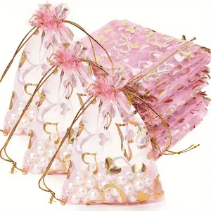 100 Pcs Pink Heart Gradient Drawstring Bags, Bulk Gift Bags with Gold Glitter Finish, Durable Polyester Favor Pouches for Wedding, Candy, Jewelry, All-Occasion Bulk Setjewelry box jewelry storage box jewelry gift box necklace organizer bachelorette gift b