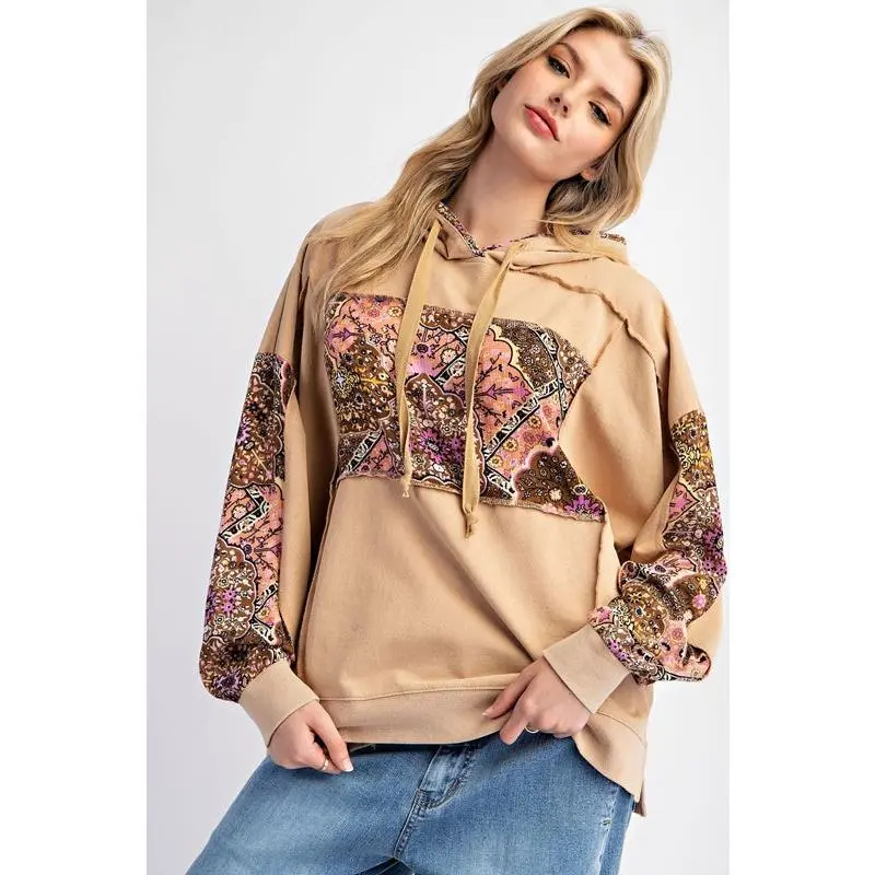 Easel Cotton Floral Patch Pullover Hoodie Sweatshirt - Bambi Beige