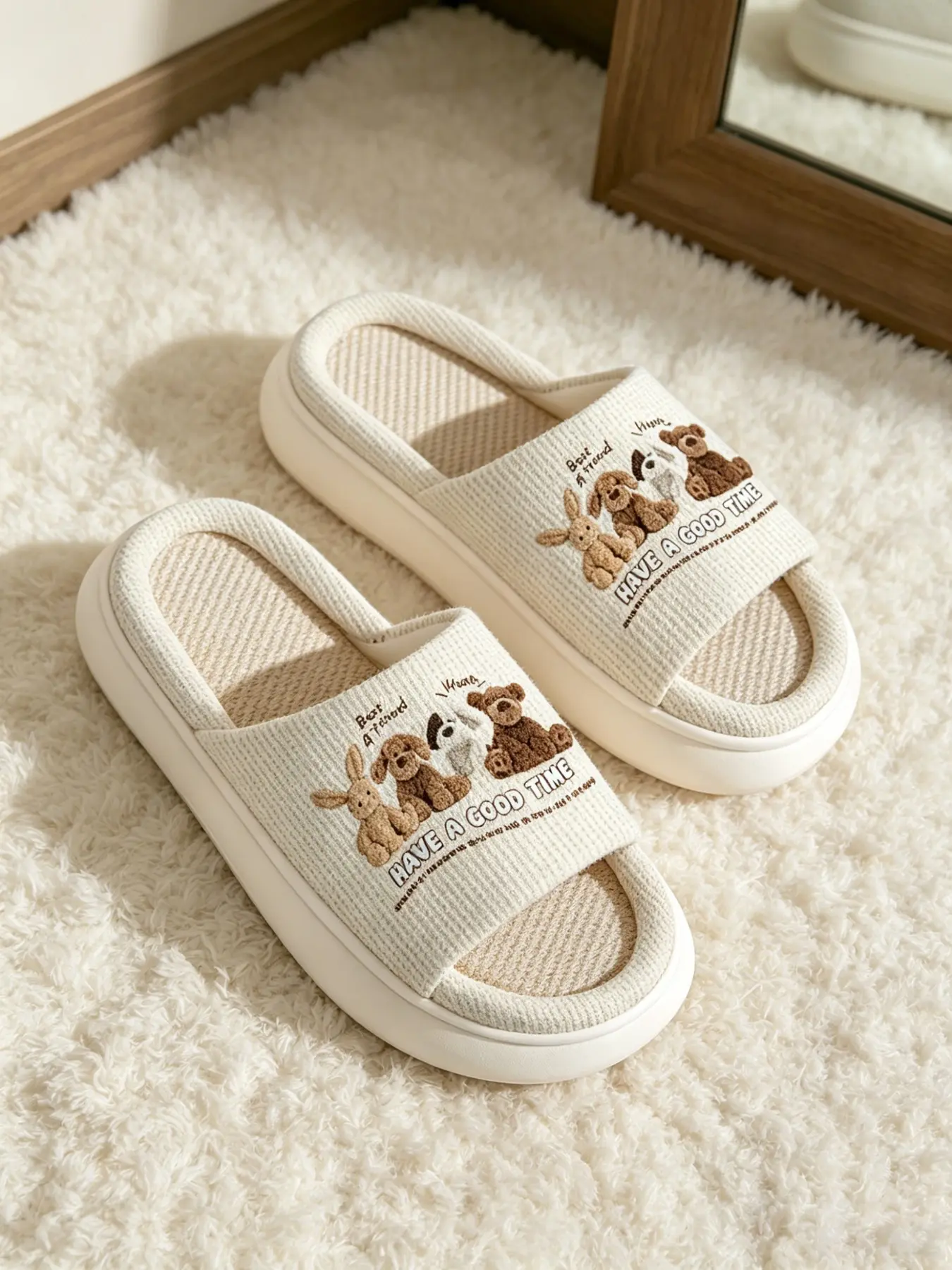 Korean Style Plush Bear Rabbit Home Slippers, Waffle Linen Texture, Soft Elastic Thick Sole, Casual Four-Season Footwear for Girls