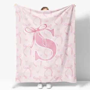 Coquette Pink Bow Throw Blanket, Monogram Initial A-Z Soft Fluffy Flannel Blanket, Customized Personalized Gift for Teen Girls Women Bedroom Office 60x80 Inch