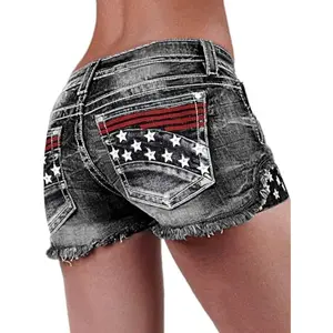 Women's Distressed Embroidery Denim Shorts, Mid Waist Distressed Raw Hem Skinny Stretchy Shorts
