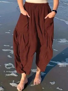 Women's Plain Plicated Drawstring Waist Harem Pants, Bohemian Street Trousers, Casual Elastic Waist Pocket Trousers for Daily Wear, Ladies Bottoms for All Seasons