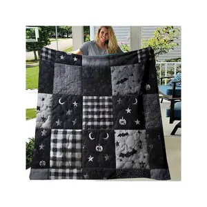 Cozy Halloween-Themed Patchwork Quilt with Pumpkin, Bat, Star, Moon & Plaid Patterns in Black, White & Gray