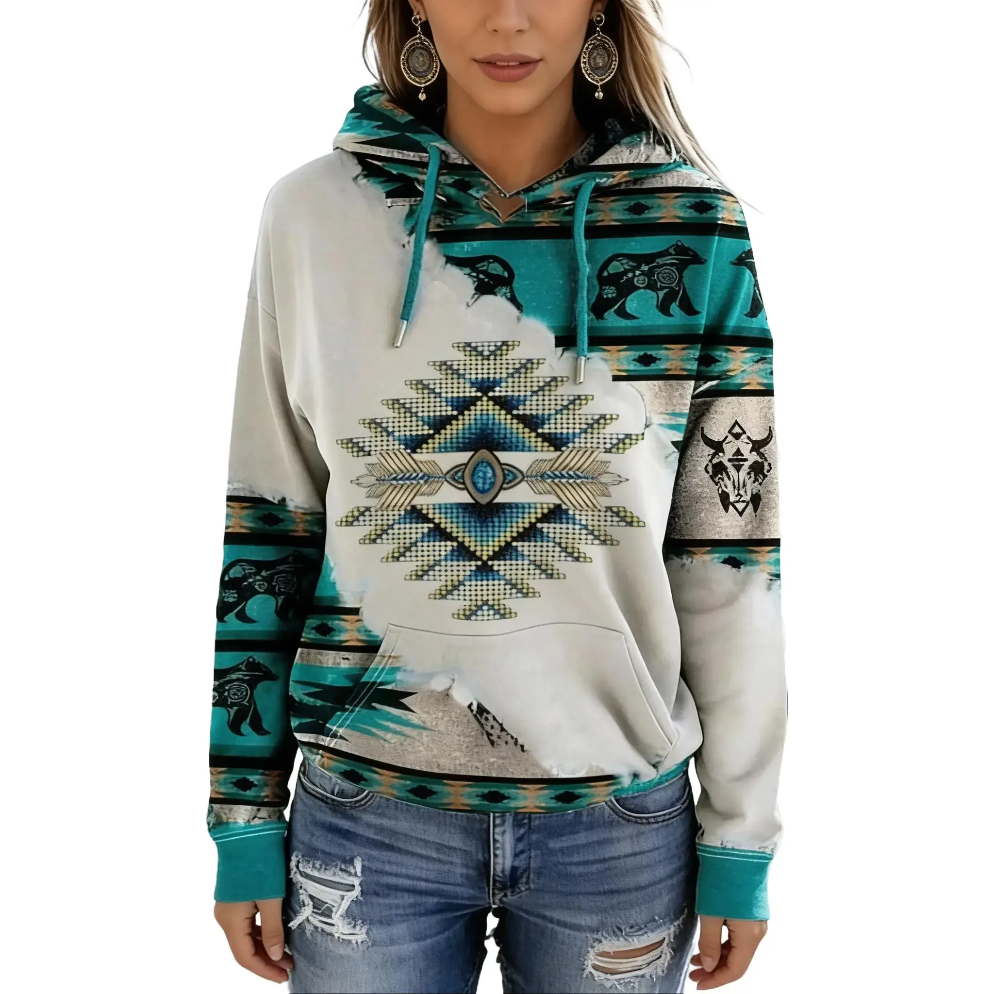 Women's Casual Long Sleeve Hooded Sweatshirt with Ethnic Aztec Geometric Print Patchwork Design, Drawstring Hood, Kangaroo Pocket, Soft Fleece Lined Pullover Top for Fall Winter