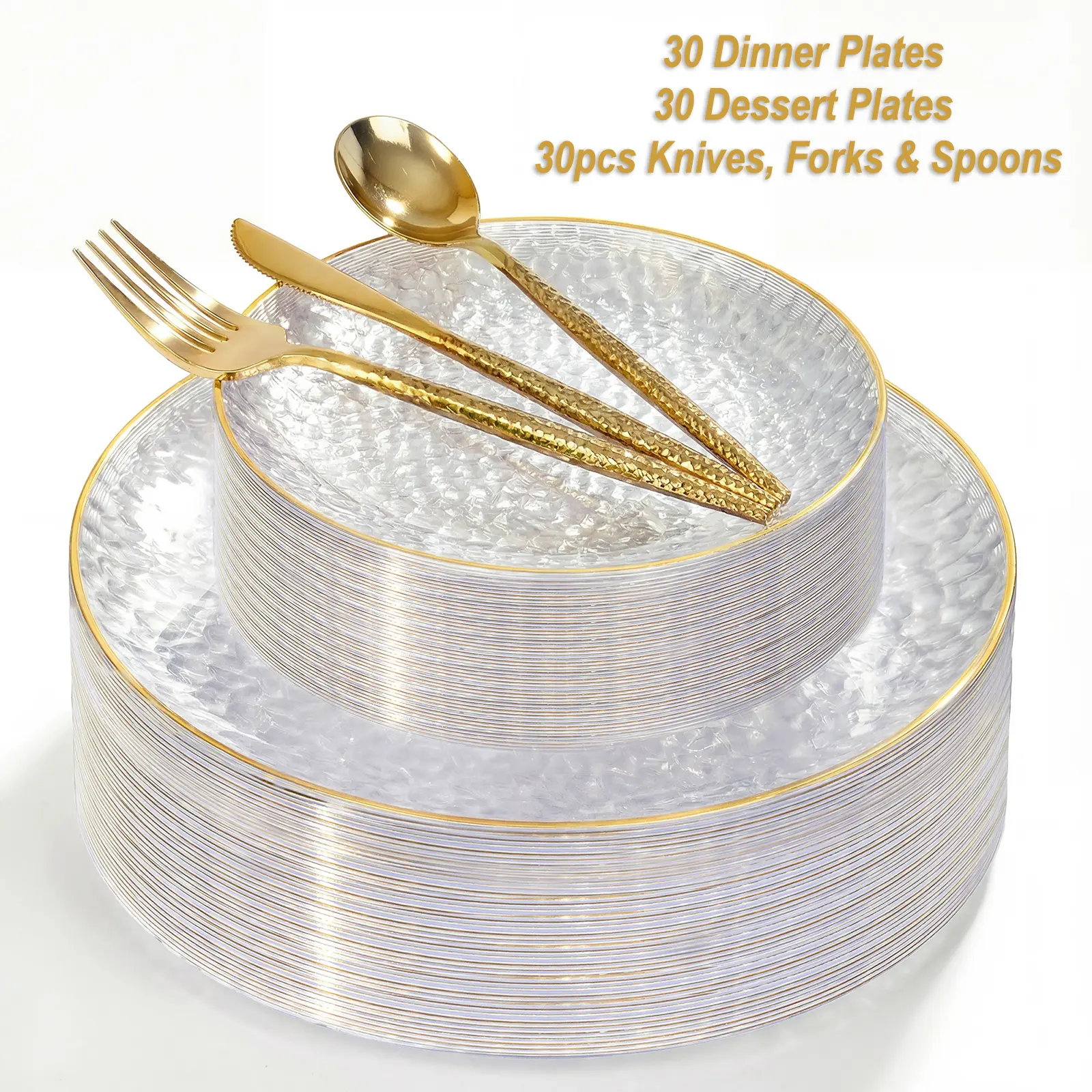 I00000 150Pcs Clear Plastic Plates with Gold Rim,Clear Disposable Plates with silverware,Gold hammer patterned plates Set include 30 Dinner Plate,30 Dessert Plate,90 Silverware Set for Party
