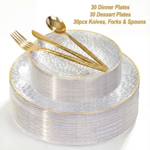 I00000 150Pcs Clear Plastic Plates with Gold Rim,Clear Disposable Plates with silverware,Gold hammer patterned plates Set include 30 Dinner Plate,30 Dessert Plate,90 Silverware Set for Party