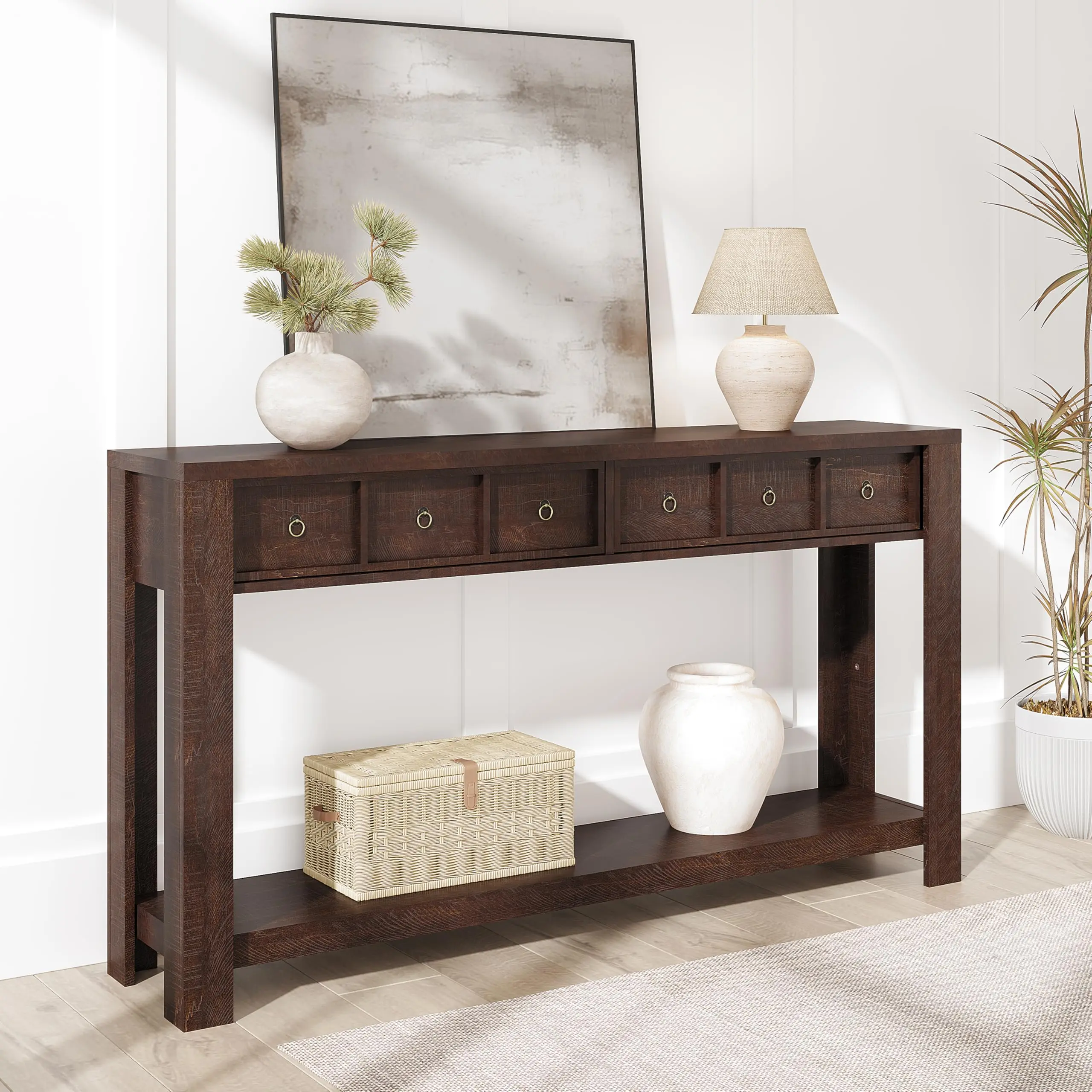 59 in Long Console Table,Brown Wooden Entryway Table with 2 Drawers & Open Storage Shelf, Sofa Table Behind Couch, Farmhouse Entry Foyer Table for Entryway, Hallway, Living Room