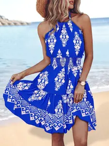 Summer Beach Fashion Sexy Off-Shoulder Halter Boho Print Dress for Women, Elegant Backless Design, Perfect for Parties and Casual Wear