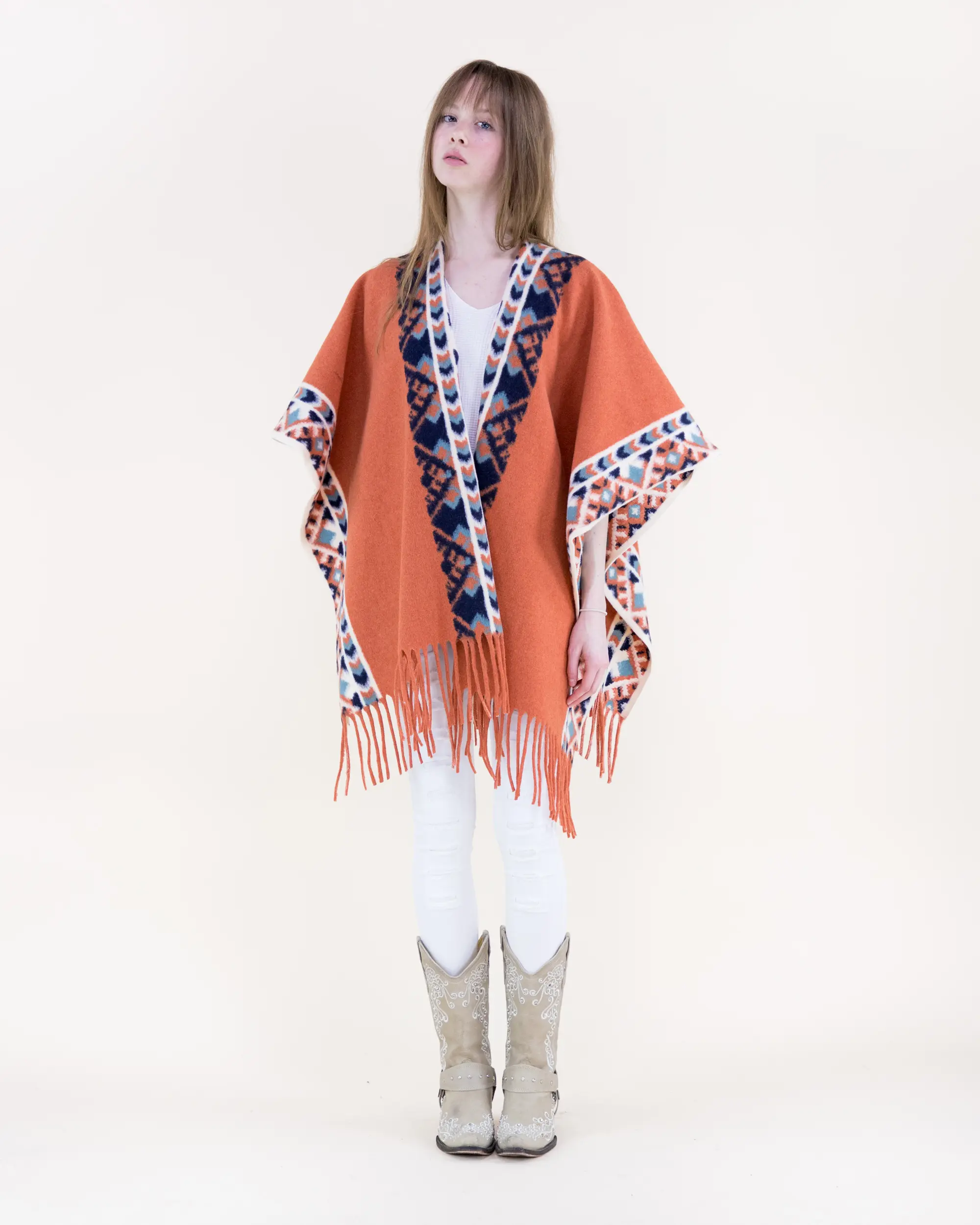Oversized Southwestern Boho Pattern Open Front Cashmere-Feel Fringe Blend Shawl Wrap - Rust, Beige, Navy - for Casual Outings, Fall Winter Layering, Boho Chic Outfits