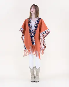 Oversized Southwestern Boho Pattern Cashmere-Feel Fringe Shawl Wrap in Rust Beige Navy for Casual Outings Travel Boho Events Fall Winter Layering