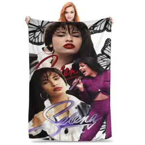 Selena Theme Flannel Blanket - Soft and Warm 100% Polyester, Vibrant Digital Print with Iconic Poses and Butterfly Patterns, All-Season Home Decor, Comfortable Travel Shawl, Halloween & Christmas Gift