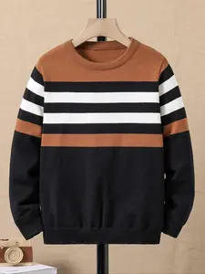 Boys Long Sleeve Knitted Round Neck Sweater, Striped Colorblock Design, Suitable for Spring Autumn Winter, Ages 8-14, Youth Clothing